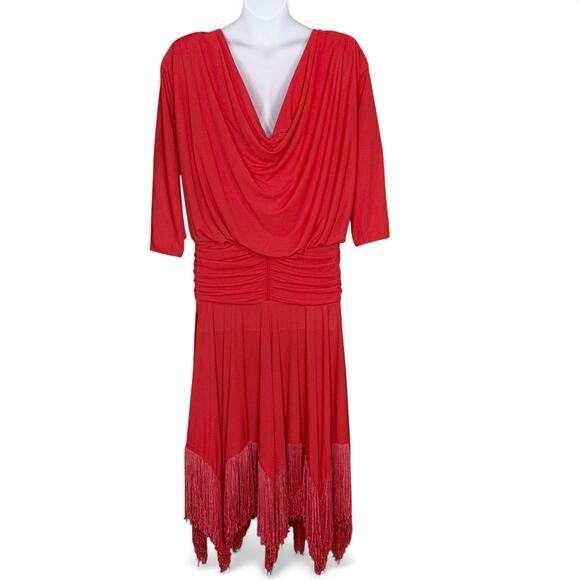 Vintage 80s Pat Richards Red Fringe Hem Cowl Back Ruched Waist Dress Size 10 USA - Picture 8 of 12
